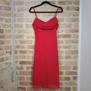 JODY Red Sheer Chiffon Lace Up Ruffle Trim Cowl Neck Date Night Summer Dress